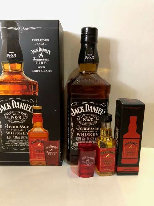 Jack Daniels 750ml and Fire 50ml and Plastic Shooter Glass.