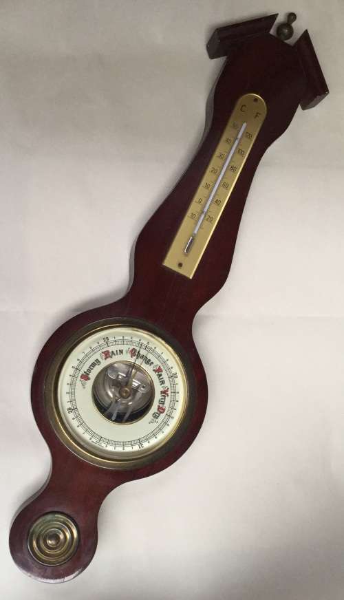 Banjo barometer, about thirty five years old, wood & finish superior to modern. 49cms length.
