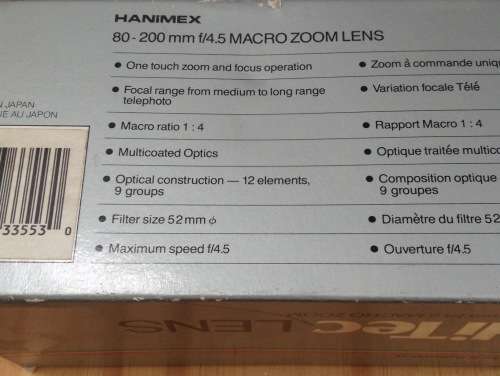 Hanimex HiTec Lens 80-200mm f/4.5 Macro Zoom