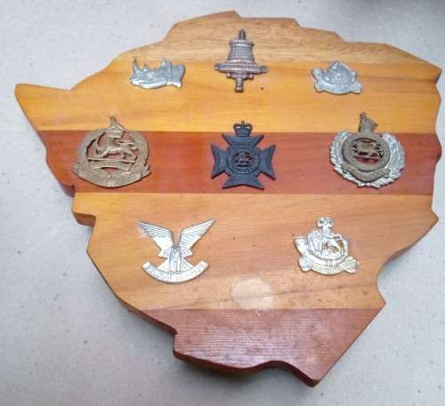 Small wooden plaque ( approx 23 x 25 cms) with 8 Rhodesian badges