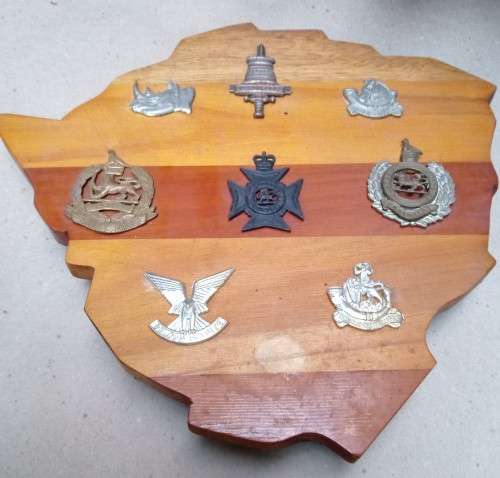 Small wooden plaque ( approx 23 x 25 cms) with 8 Rhodesian badges