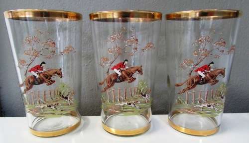 Retro 6 x 'HORSE AND HOUND HUNTING' Scene Tumblers with gold trim