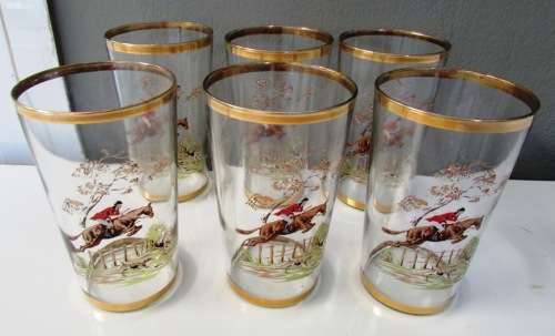 Retro 6 x 'HORSE AND HOUND HUNTING' Scene Tumblers with gold trim