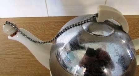 Art Deco Tea Pot with Insulated Cover and Spout Bang. Bakelite Handle, England. App 27L x 16cms high