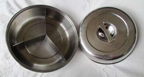 ALOE Stainless Steel Serving Dish with lid and three sections. Retro. Approximately D25 x H 10 cms