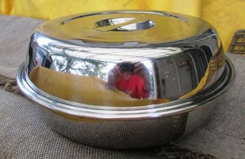 ALOE Stainless Steel Serving Dish with lid and three sections. Retro. Approximately D25 x H 10 cms