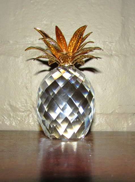 SWAROFSKY Crystal Pineapple with hammered Gold plated leaves - LARGE H 11 x D 6 cms