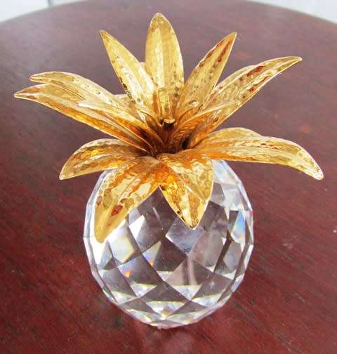 SWAROFSKY Crystal Pineapple with hammered Gold plated leaves - LARGE H 11 x D 6 cms