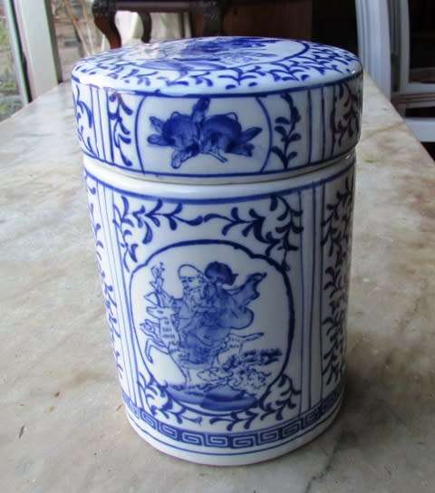 Blue and White Porcelain Oval Lidded Oriental Storage Jar approximately 10 x 9 x 15 cms high