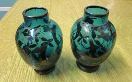 Murano Glass Pauly & C Art Glass with Silver Overlay Vases x 2 Circa 1930 Venice Teal Colour
