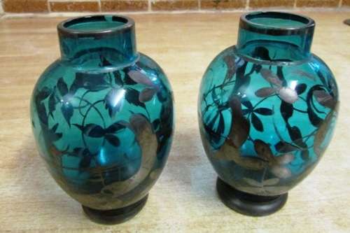 Murano Glass Pauly & C Art Glass with Silver Overlay Vases x 2 Circa 1930 Venice Teal Colour