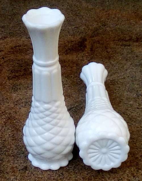 Milk Glass Scalloped rim pair of vases vintage approximately D 7 x H 22 cms