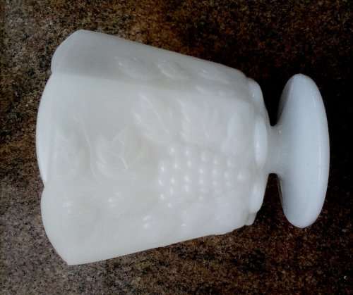Milk Glass `Grape design` footed vintage vase/ bowl approximately D 12 x H 13 cms
