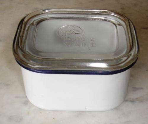 Retro Enamel dish with blue trim and glass lid. Made by 'Beco Ware' approximately 13 x 10 x 8cm high