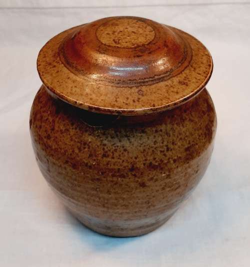 Jam Jar with Spoon hand made glazed pottery app. D10 x H11 cms