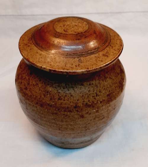Jam Jar with Spoon hand made glazed pottery app. D10 x H11 cms