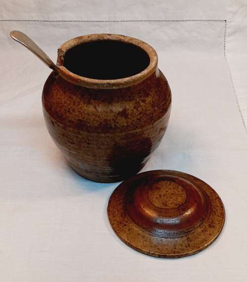 Jam Jar with Spoon hand made glazed pottery app. D10 x H11 cms