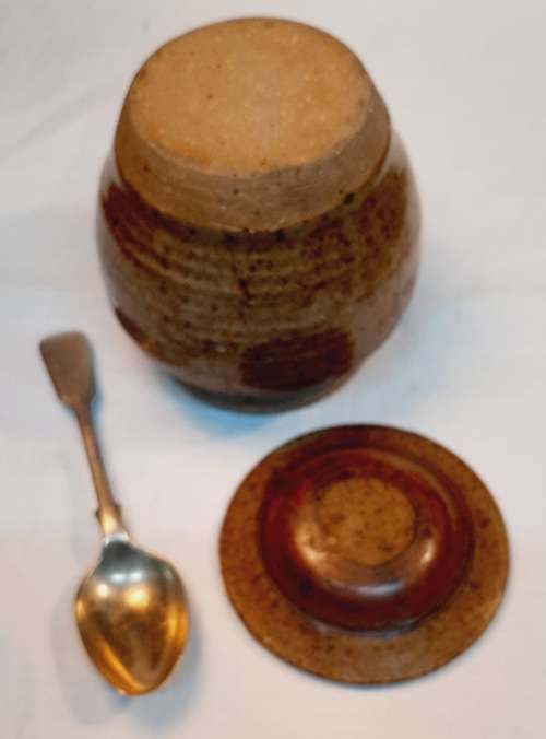 Jam Jar with Spoon hand made glazed pottery app. D10 x H11 cms