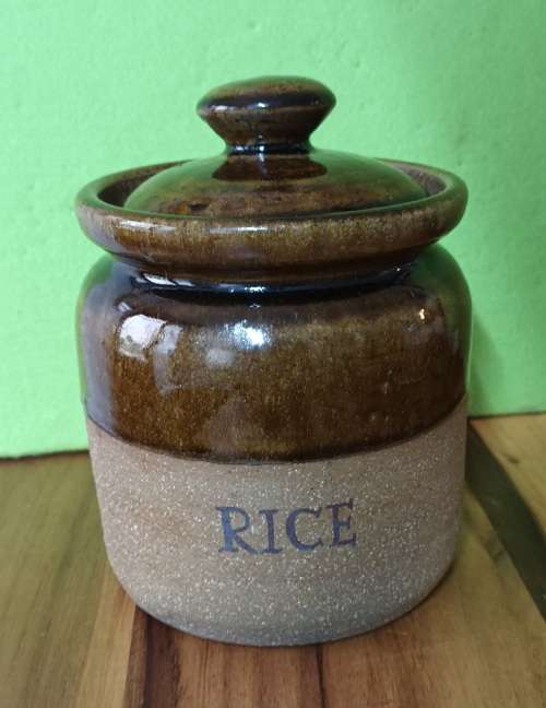 Hand Made Pottery `RICE` Canister vintage approximately H 20 x X 15 cms