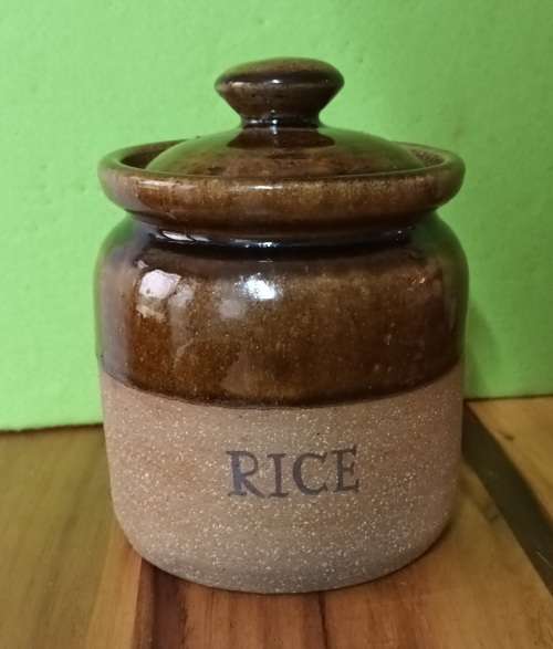 Hand Made Pottery `RICE` Canister vintage approximately H 20 x X 15 cms