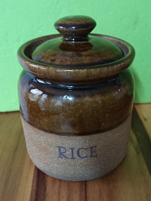 Hand Made Pottery `RICE` Canister vintage approximately H 20 x X 15 cms