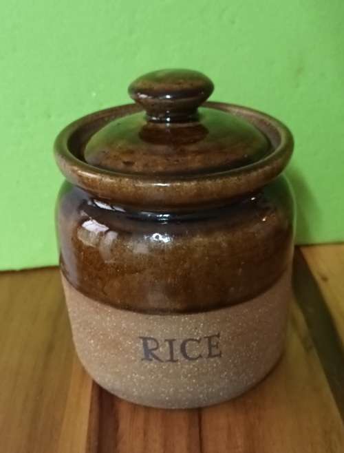 Hand Made Pottery `RICE` Canister vintage approximately H 20 x X 15 cms