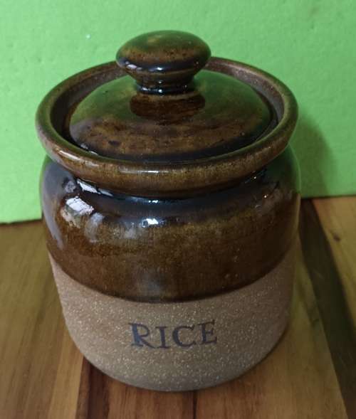Hand Made Pottery `RICE` Canister vintage approximately H 20 x X 15 cms