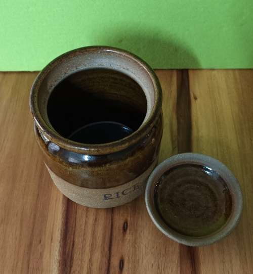Hand Made Pottery `RICE` Canister vintage approximately H 20 x X 15 cms