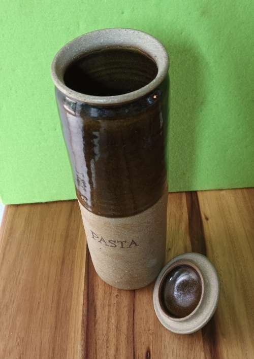 Hand Made Pottery `PASTA` Canister vintage approximately H 35 x X 10 cms