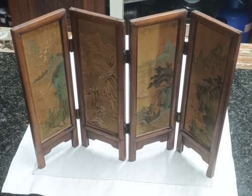 Chinese Asian 4x wood panel hand painted on Silk folding screen landscape pattern small