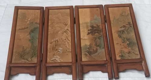 Chinese Asian 4x wood panel hand painted on Silk folding screen landscape pattern small