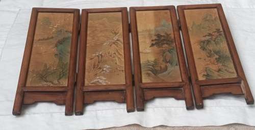 Chinese Asian 4x wood panel hand painted on Silk folding screen landscape pattern small