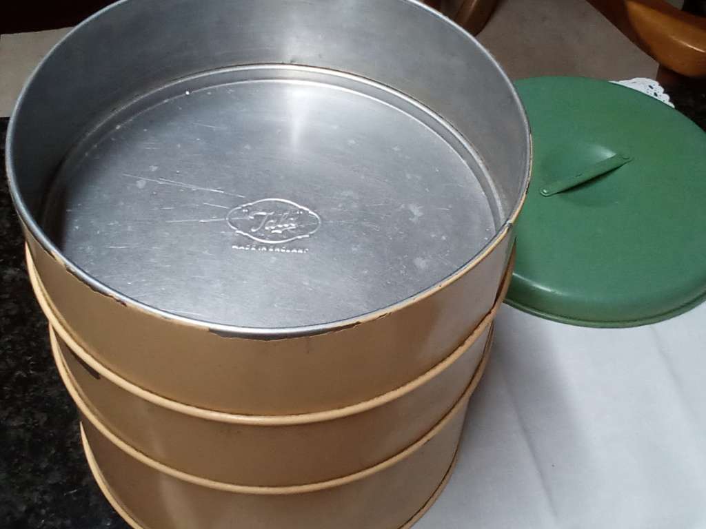 `Tala` tripple stacked cake / biscuit tins x 3 circa 1950`s England app. D23 x H25 cms
