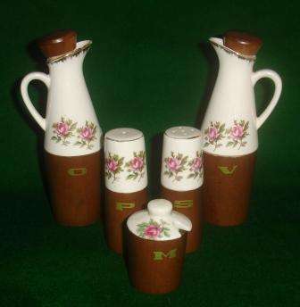 Vintage Floral Cruet set - salt, pepper, mustard, oil & vinigar