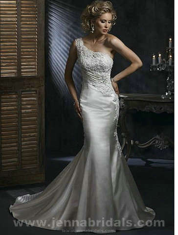 SATIN FISH TAIL WEDDING DRESS WITH ONE SHOULDER LACE DETAILING SIZE 10 / 12