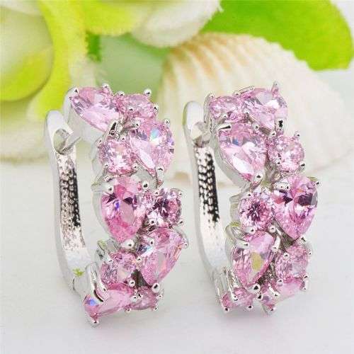 Big Heart Pink Crystal Hoop Earrings Silver Dangle Women Cute Earrings