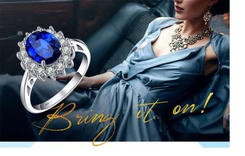 Princess Di Blue Crystal Sapphire Gem 18K Gold Plated Wedding Ring