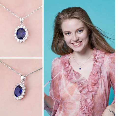 Princess Kate Blue Crystal Sapphire Gem Pendant with Chain Gold Plated