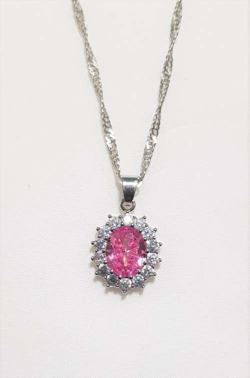 Pink Princess Di Oval Crystal Pendant Silver with Chain