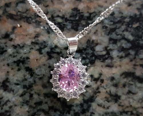 Pink Princess Di Oval Crystal Pendant Silver with Chain