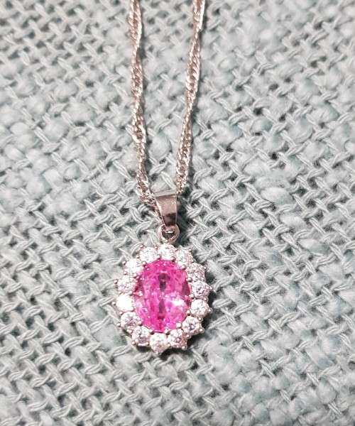 Pink Princess Di Oval Crystal Pendant Silver with Chain