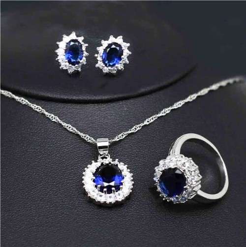 Princess Di Blue Crystal Sapphire Gem Ring,Earrings and Pendant Set Gold Plated Wedding Ring