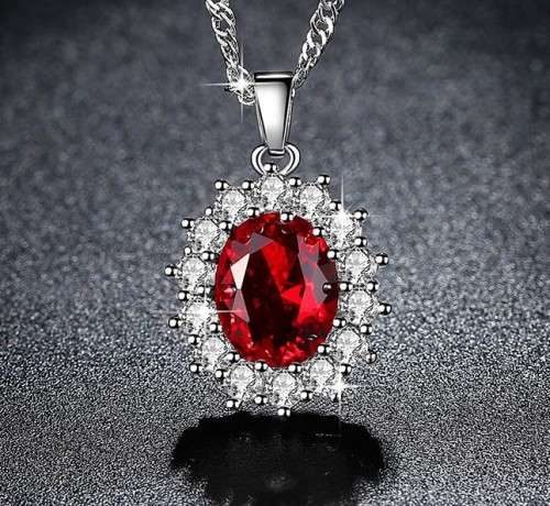 Princess Kate Red Crystal Sapphire Gem Pendant with Chain Gold Plated