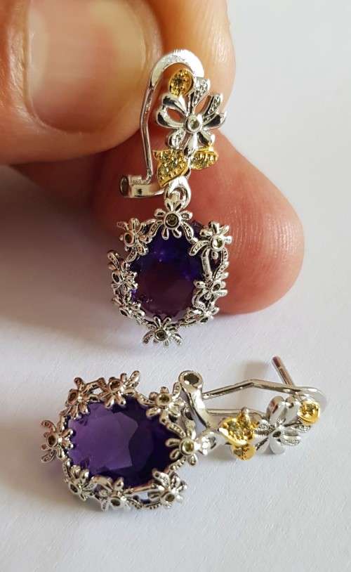 Vintage Purple Crystal Drop Earrings Water Drop Flower Design Earring Bohemia