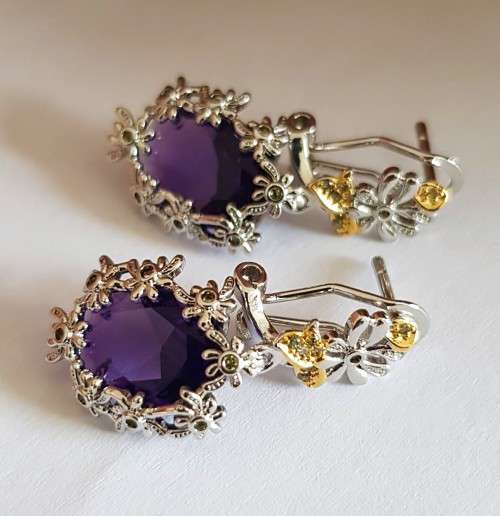 Vintage Purple Crystal Drop Earrings Water Drop Flower Design Earring Bohemia