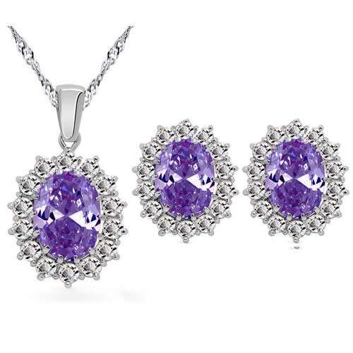Princess Kate Amethyst Crystal Earrings & Pendant Set Gold Plated