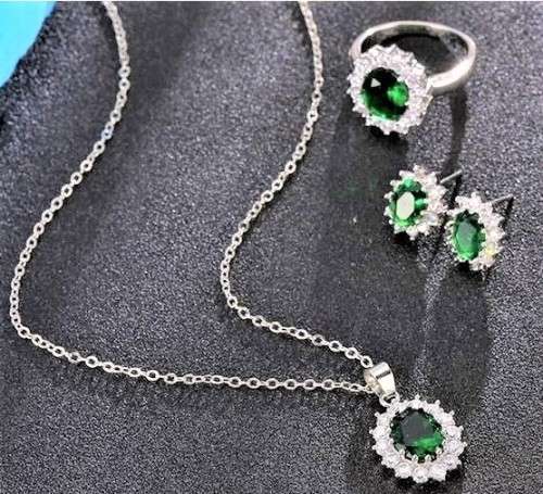 Princess Di Green Crystal Sapphire Gem Ring,Earrings and Pendant Set Gold Plated Wedding Ring