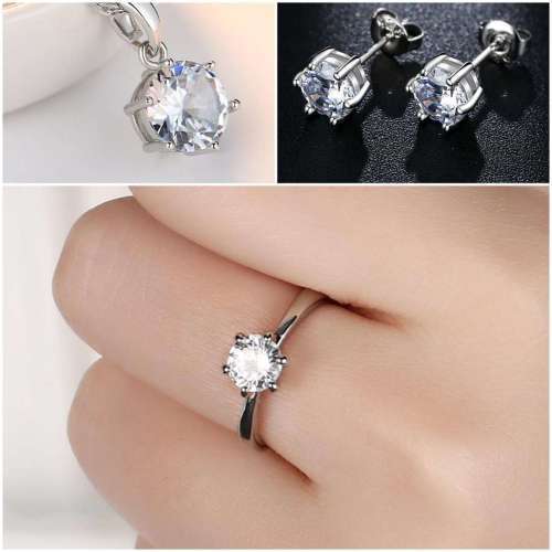 Princess White Crystal Sapphire Gem Ring,Earrings and Pendant Set Gold Plated Wedding Ring