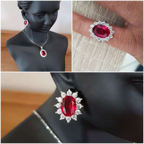 Princess Di Red Crystal Sapphire Gem Ring,Earrings and Pendant Set Gold Plated Wedding Ring