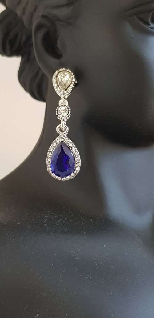 Blue & White Crystal Earrings Silver Fashion Big Drop Earrings